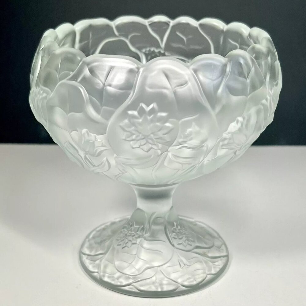 Fenton Glass Water‎ Lily Cupped Comport Candy Bowl Frosted Satin Crystal 5 1/2"